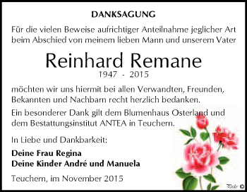 Traueranzeige von Reinhard Remane von WVG - Wochenspiegel NMB / WSF / ZTZ