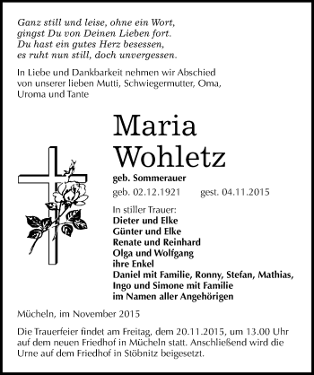 Traueranzeige von Maria Wohletz von Mitteldeutsche Zeitung Merseburg/Querfurt