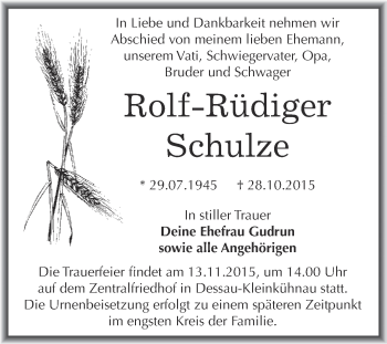 Traueranzeige von Rolf-Rüdiger Schulze von WVG - Wochenspiegel Dessau / Köthen