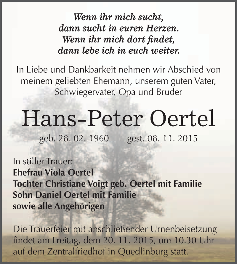  Traueranzeige für Hans-Peter Oertel vom 14.11.2015 aus WVG - Wochenspiegel Quedlinburg
