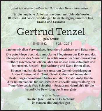 Traueranzeige von Gertrud Tenzel von Mitteldeutsche Zeitung Sangerhausen