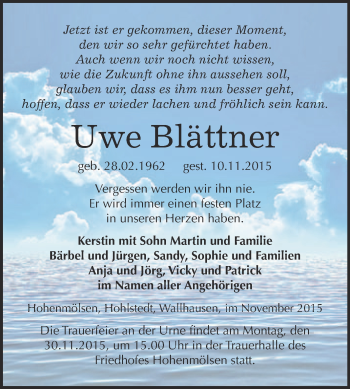 Traueranzeige von Uwe Blättner von WVG - Wochenspiegel NMB / WSF / ZTZ