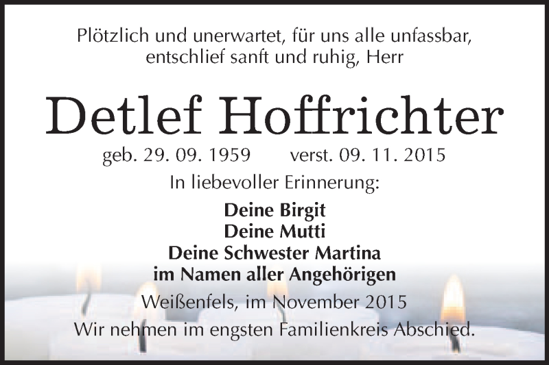  Traueranzeige für Detlef Hoffrichter vom 18.11.2015 aus WVG - Wochenspiegel NMB / WSF / ZTZ