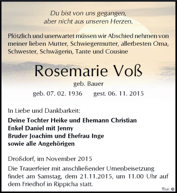 Traueranzeige von Rosemarie Voß von Mitteldeutsche Zeitung Zeitz
