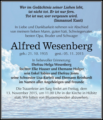 Traueranzeige von Alfred Wesenberg von Wochenspiegel Mansfelder Land