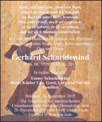 Traueranzeige von Gerhard Schneidewind von Mitteldeutsche Zeitung Sangerhausen