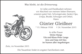 Traueranzeige von Günter Gleißner von Super Sonntag Zeitz