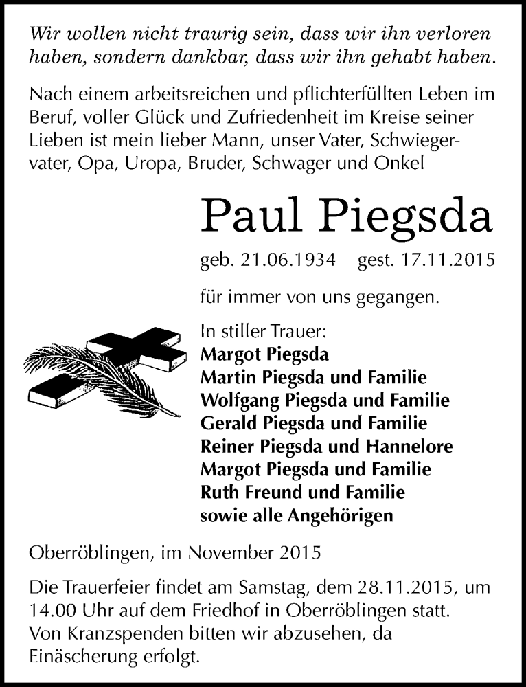  Traueranzeige für Paul Piegsda vom 25.11.2015 aus Mitteldeutsche Zeitung Sangerhausen