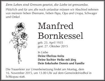 Traueranzeige von Manfred Bornkessel von WVG - Wochenspiegel Merseburg