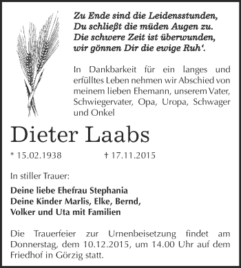 Traueranzeige von Dieter Laabs von WVG - Wochenspiegel Dessau / Köthen