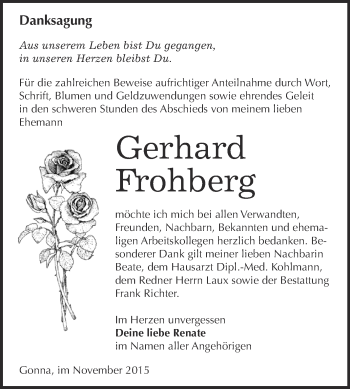 Traueranzeige von Gerhard Frohberg von Super Sonntag SGH Mansf. Land