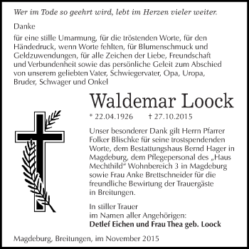 Traueranzeige von Waldemar Loock von Super Sonntag SGH Mansf. Land
