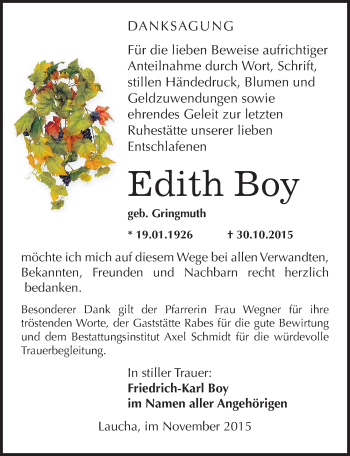 Traueranzeige von Edith Boy von Mitteldeutsche Zeitung Naumburg/Nebra