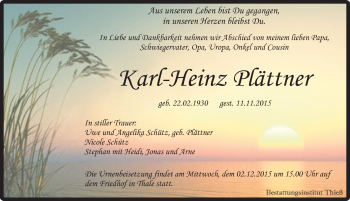 Traueranzeige von Karl-Heinz Plättner von Mitteldeutsche Zeitung Quedlinburg