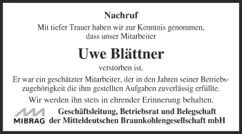 Traueranzeige von Uwe Blättner von WVG - Wochenspiegel NMB / WSF / ZTZ