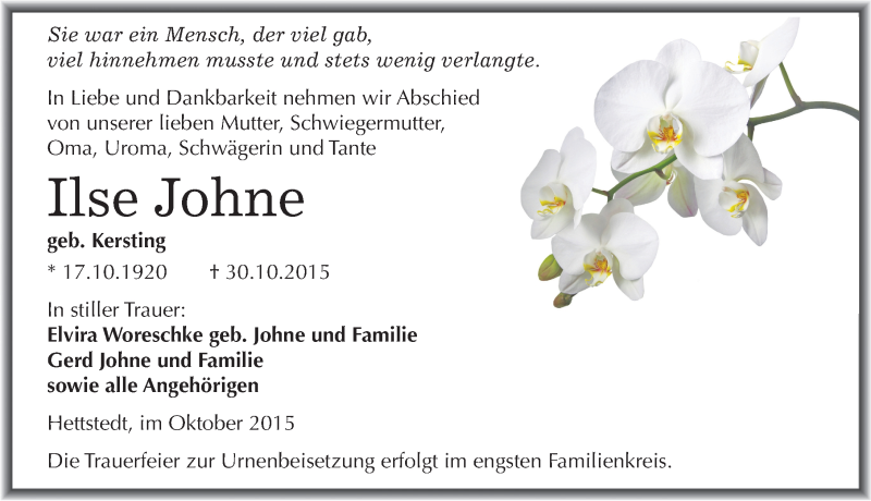  Traueranzeige für Ilse Johne vom 03.11.2015 aus Mitteldeutsche Zeitung Mansfelder Land