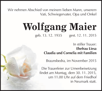 Traueranzeige von Wolfgang Maier von WVG - Wochenspiegel Merseburg