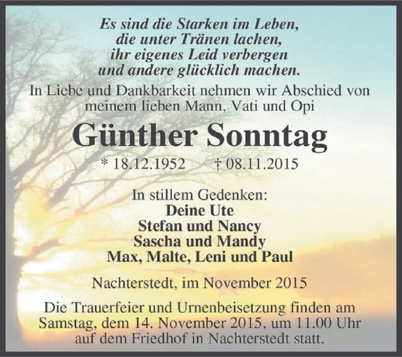  Traueranzeige für Günther Sonntag vom 11.11.2015 aus Super Sonntag Aschersleben