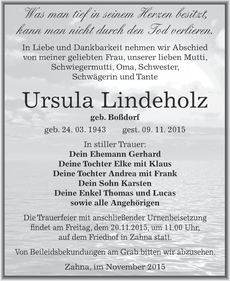  Traueranzeige für Ursula Lindeholz vom 14.11.2015 aus Super Sonntag Wittenberg