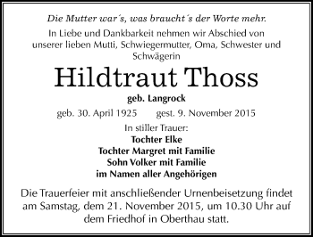 Traueranzeige von Hildtraut Thoss von Mitteldeutsche Zeitung Merseburg/Querfurt