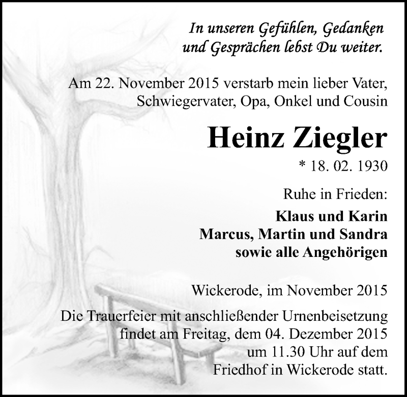  Traueranzeige für Heinz Ziegler vom 28.11.2015 aus Mitteldeutsche Zeitung Sangerhausen