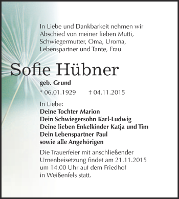 Traueranzeige von Sofie Hübner von WVG - Wochenspiegel NMB / WSF / ZTZ