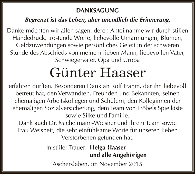 Traueranzeige für Günter Haaser vom 28.11.2015 aus Super Sonntag Aschersleben