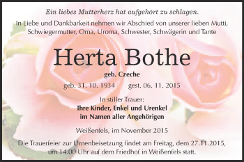 Traueranzeige von Herta Bothe von WVG - Wochenspiegel Merseburg