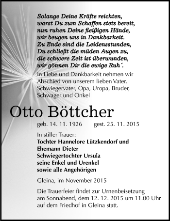 Traueranzeige von Otto Böttcher von Mitteldeutsche Zeitung Naumburg/Nebra