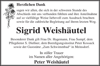 Traueranzeige von Sigrid Weishäutel von WVG - Wochenspiegel Dessau / Köthen