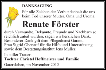 Traueranzeige von Renate Förster von Super Sonntag Aschersleben