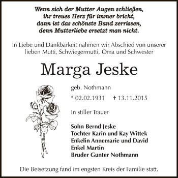 Traueranzeige von Marga Jeske von WVG - Wochenspiegel Dessau / Köthen