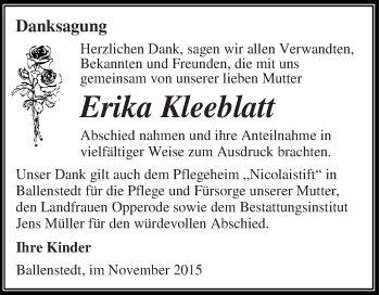 Traueranzeige von Erika Kleeblatt von Super Sonntag Aschersleben