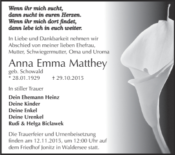 Traueranzeige von Anna Emma Matthey von WVG - Wochenspiegel Dessau / Köthen