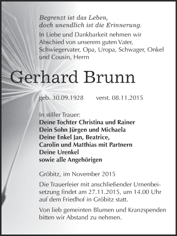 Traueranzeige von Gerhard Brunn von WVG - Wochenspiegel NMB / WSF / ZTZ