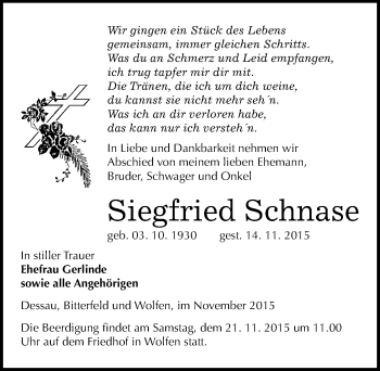 Traueranzeige von Siegfried Schnase von Mitteldeutsche Zeitung Dessau-Roßlau