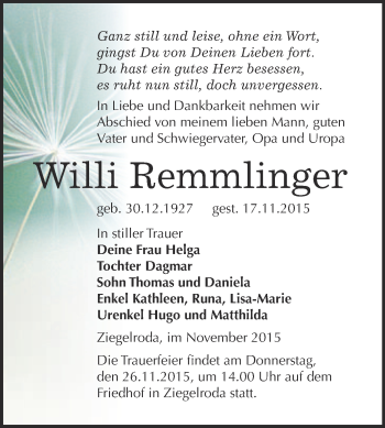 Traueranzeige von Willi Remmlinger von WVG - Wochenspiegel Merseburg