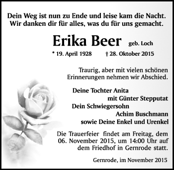 Traueranzeige von Erika Beer von Mitteldeutsche Zeitung Quedlinburg