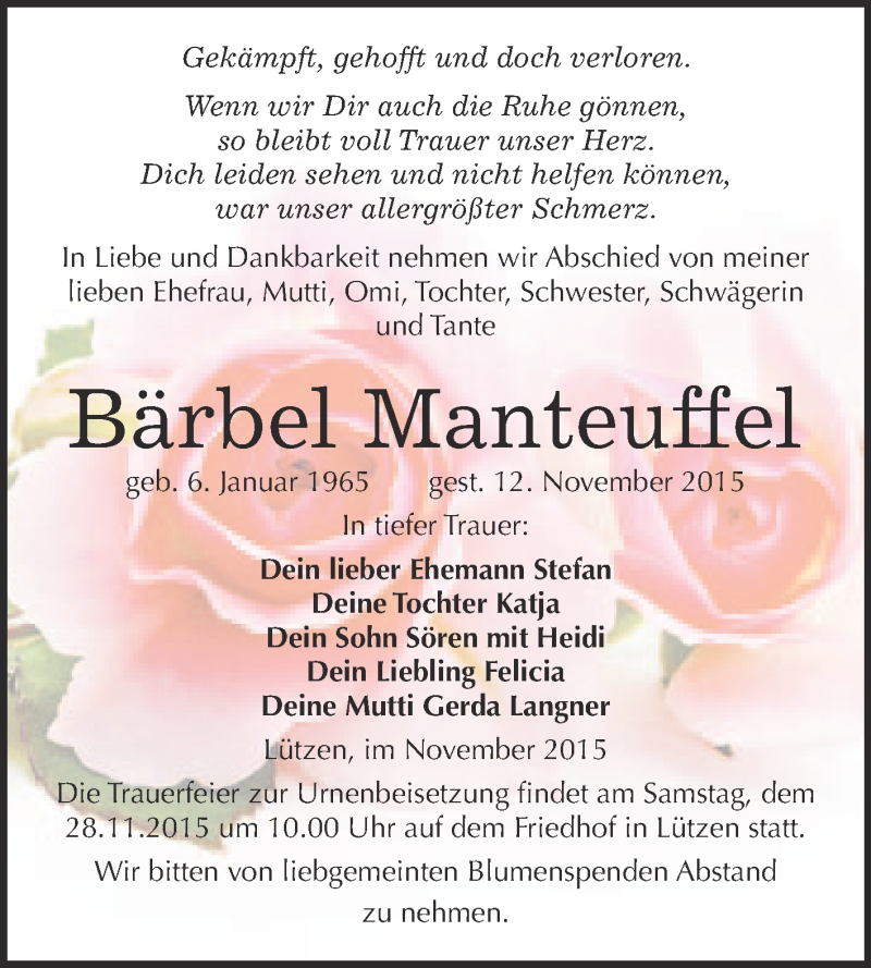  Traueranzeige für Bärbel Manteuffel vom 18.11.2015 aus Super Sonntag Merseburg