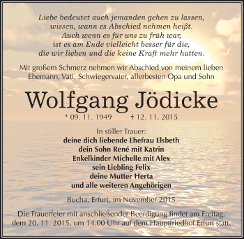 Traueranzeige von Wolfgang Jödicke von Mitteldeutsche Zeitung Naumburg/Nebra