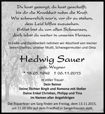Traueranzeige von Hedwig Sauer von Mitteldeutsche Zeitung Sangerhausen