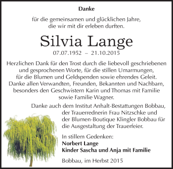 Traueranzeige von Silvia Lange von Mitteldeutsche Zeitung Bitterfeld