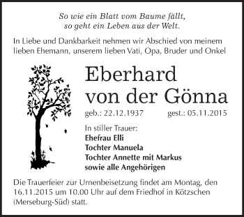Traueranzeige von Eberhard von der Gönna von WVG - Wochenspiegel Merseburg