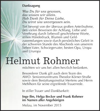 Traueranzeige von Helmut Rohmer von WVG - Wochenspiegel NMB / WSF / ZTZ