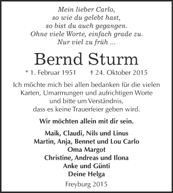 Traueranzeige von Bernd Sturm von WVG - Wochenspiegel NMB / WSF / ZTZ