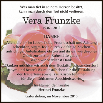 Traueranzeige von Vera Frunzke von Super Sonntag Aschersleben