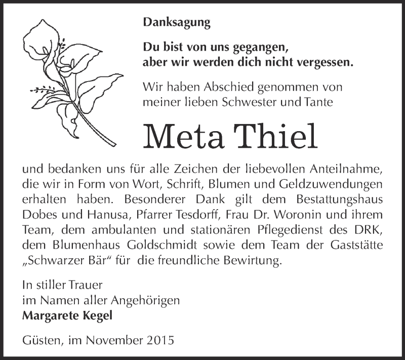  Traueranzeige für Meta Thiel vom 21.11.2015 aus Super Sonntag Bernburg