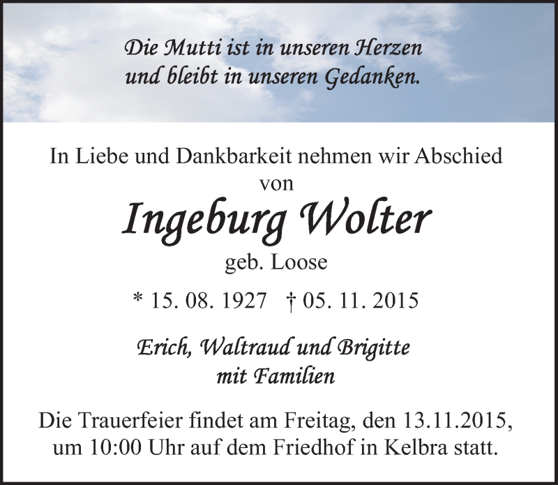  Traueranzeige für Ingeburg Wolter vom 10.11.2015 aus Mitteldeutsche Zeitung Sangerhausen