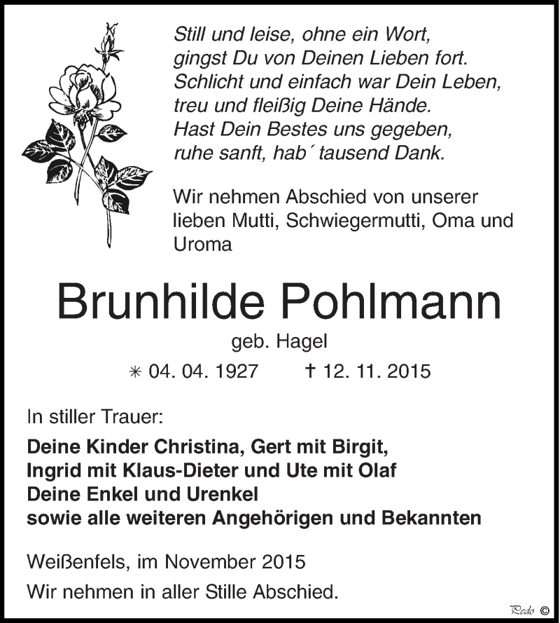  Traueranzeige für Brunhilde Pohlmann vom 18.11.2015 aus WVG - Wochenspiegel NMB / WSF / ZTZ