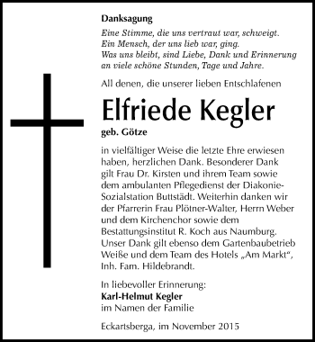 Traueranzeige von Elfriede Kegler von Mitteldeutsche Zeitung Naumburg/Nebra